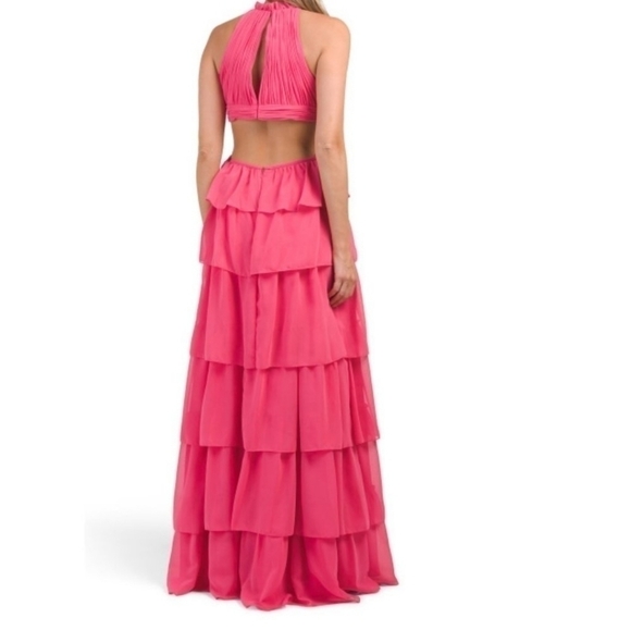 Mac Duggal tiered ruffle pleated halter gown with cutout in hot pink size 4 - Picture 2 of 8